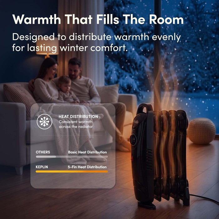 Black oil radiator glowing fins warming living room on a snowy winter night