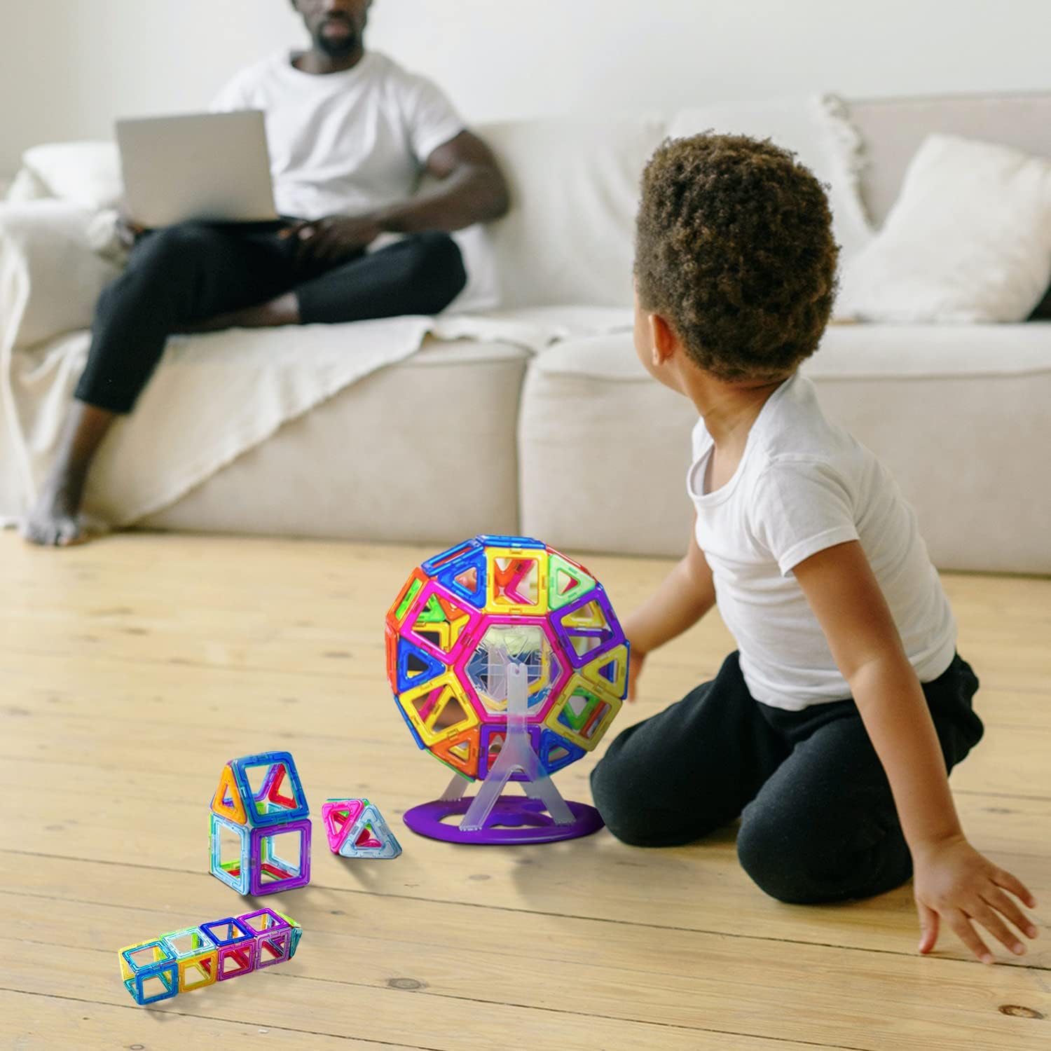 94-piece magnetic construction set contents – squares, triangles, hexagons, alphabet and number cards