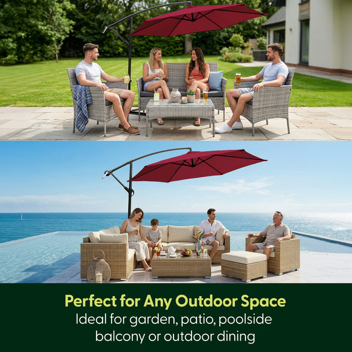 Burgundy 3m cantilever parasol shading garden patio furniture and poolside seating – ideal for garden, patio and decking