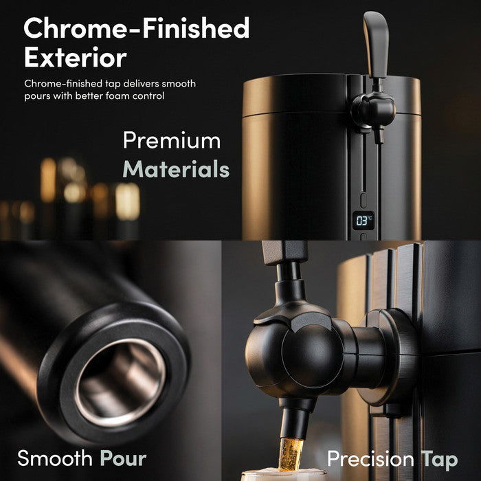 Close-up of Keplin beer dispenser chrome-finished exterior, precision tap handle and smooth pour spout