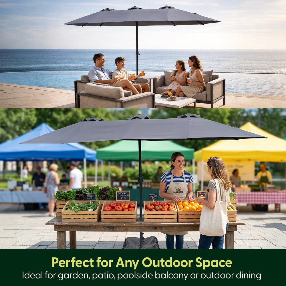 Grey double parasol used over garden seating by the sea and as outdoor market stall shade