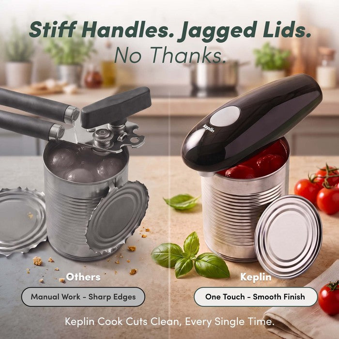 Manual can opener with jagged lid next to Keplin electric can opener with smooth cut finish