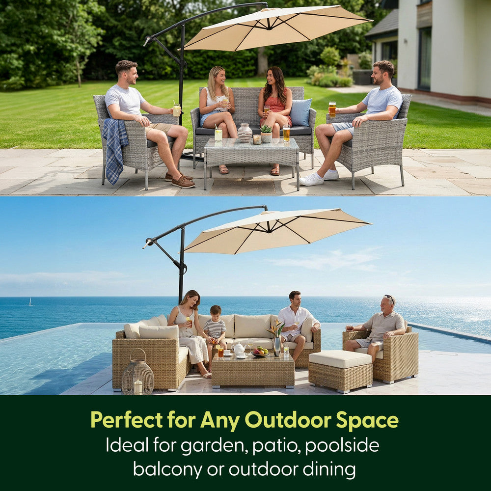 Cream 3m cantilever garden parasol shading garden patio furniture and poolside outdoor seating – ideal for garden, patio and decking