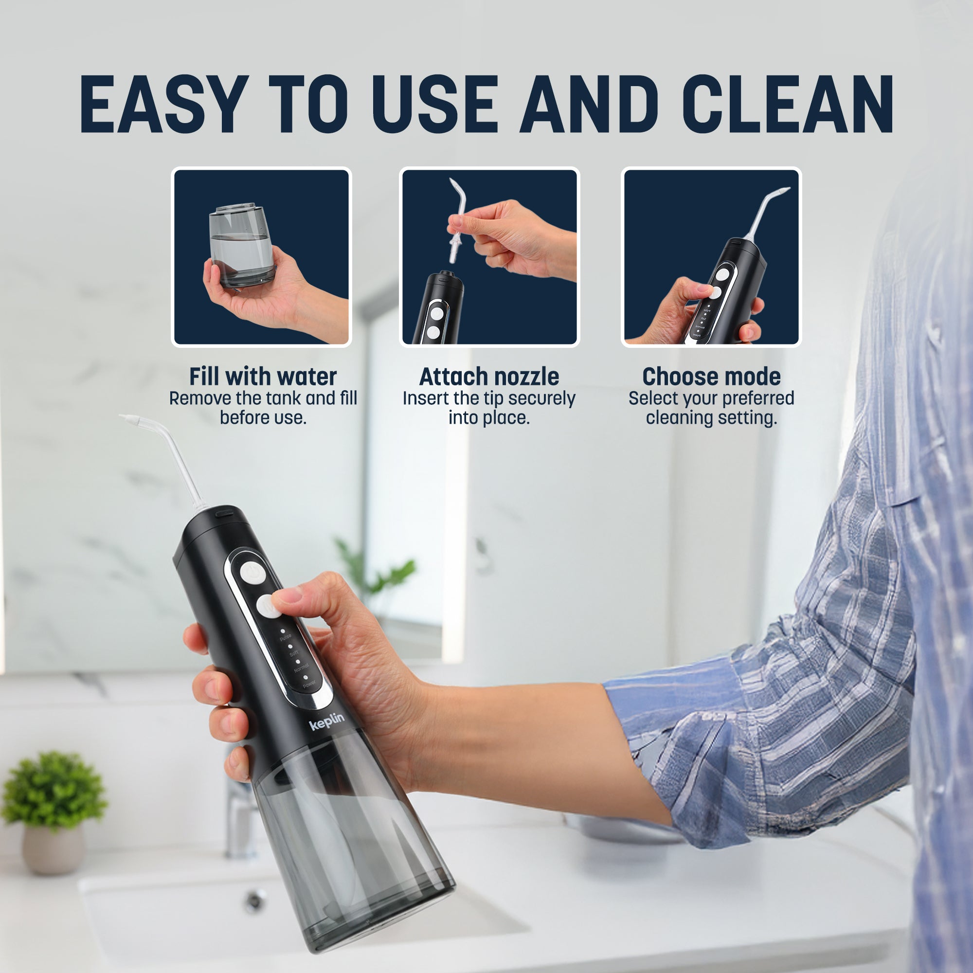 Keplin Cordless Water Dental Flosser for Teeth – Portable Oral Irrigator with 4 Cleaning Modes & 300ML Tank, 8 Replacement Jet Tips, IPX7 Waterproof, Rechargeable Tooth Cleaner for Home, Travel, Black