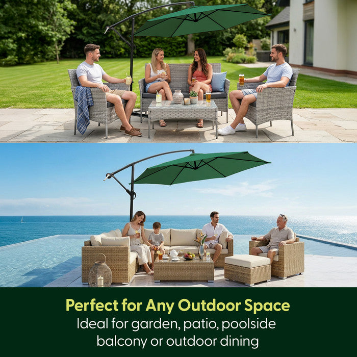 Green 3m cantilever parasol shading garden patio furniture set (top) and poolside outdoor seating area (bottom) – ideal for garden, patio and decking