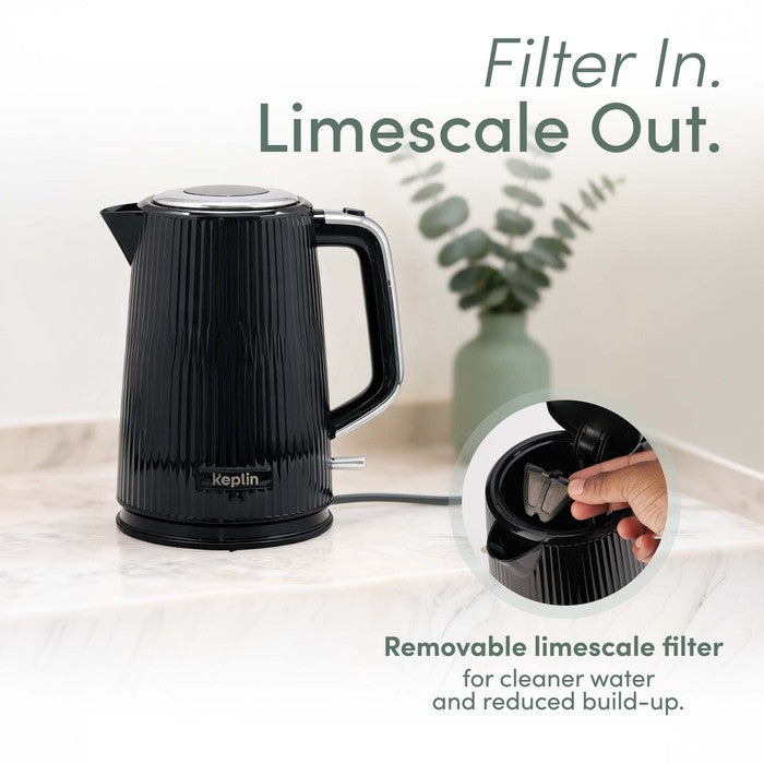Black ribbed Keplin electric kettle on a kitchen worktop with a close-up inset showing its removable limescale filter being taken out.