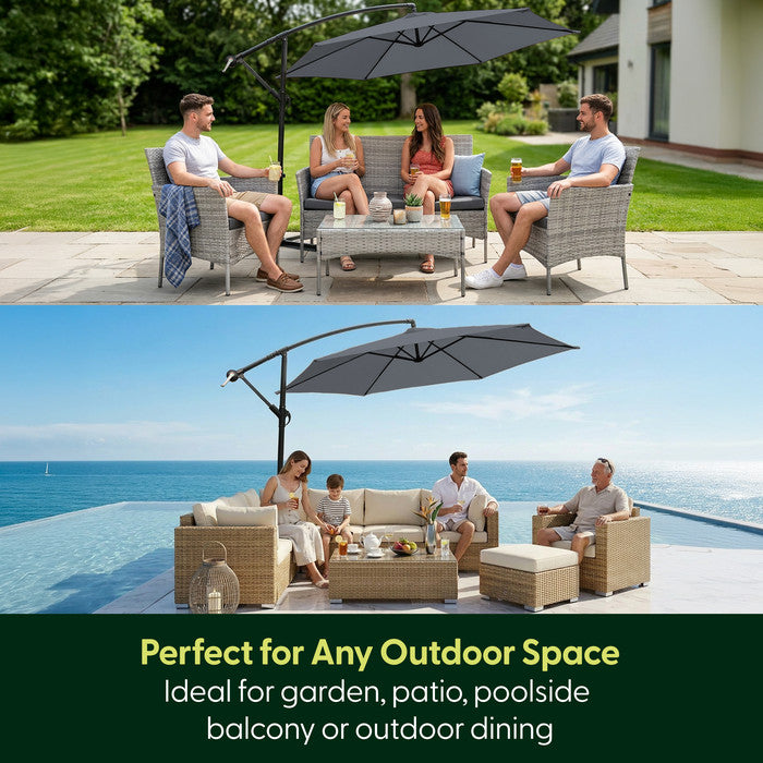 Grey 3m cantilever parasol shading garden patio furniture and poolside seating – ideal for garden, patio and decking