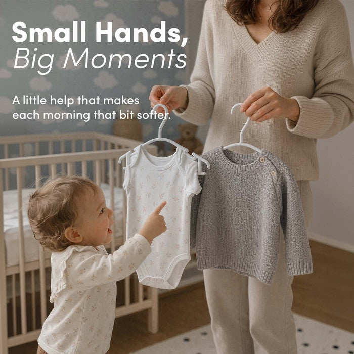Mother and toddler holding nursery hangers with baby clothes in the bedroom