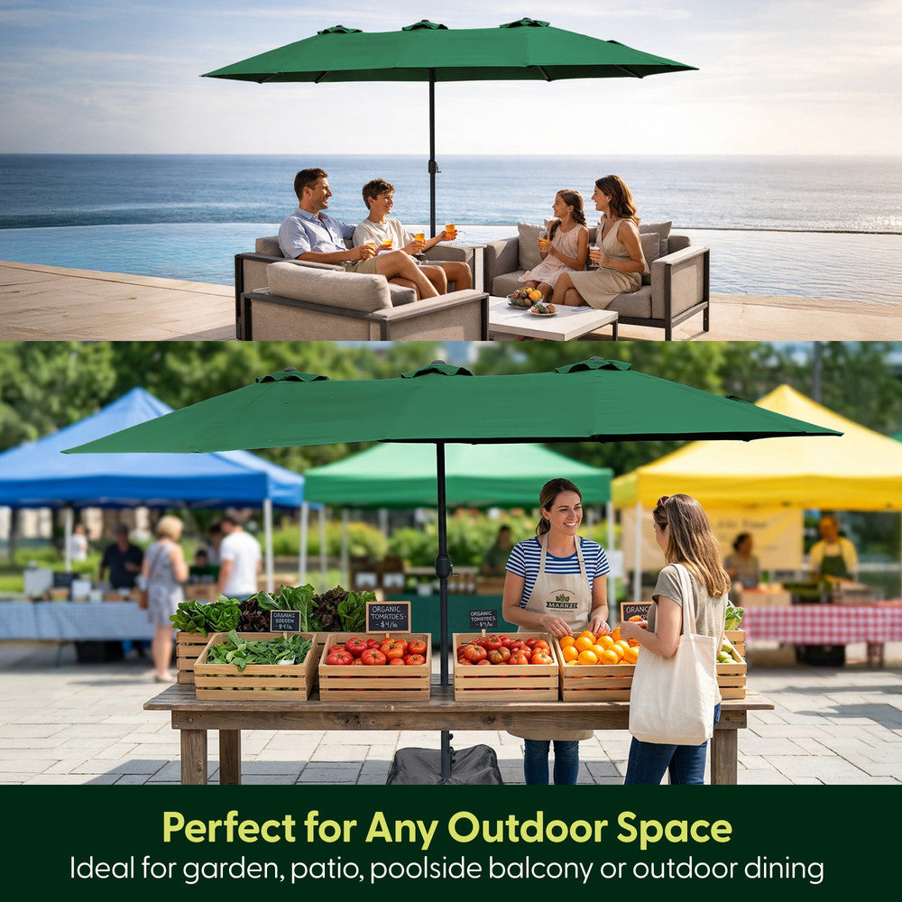 Green double parasol used over garden seating by the sea and as outdoor market stall shade
