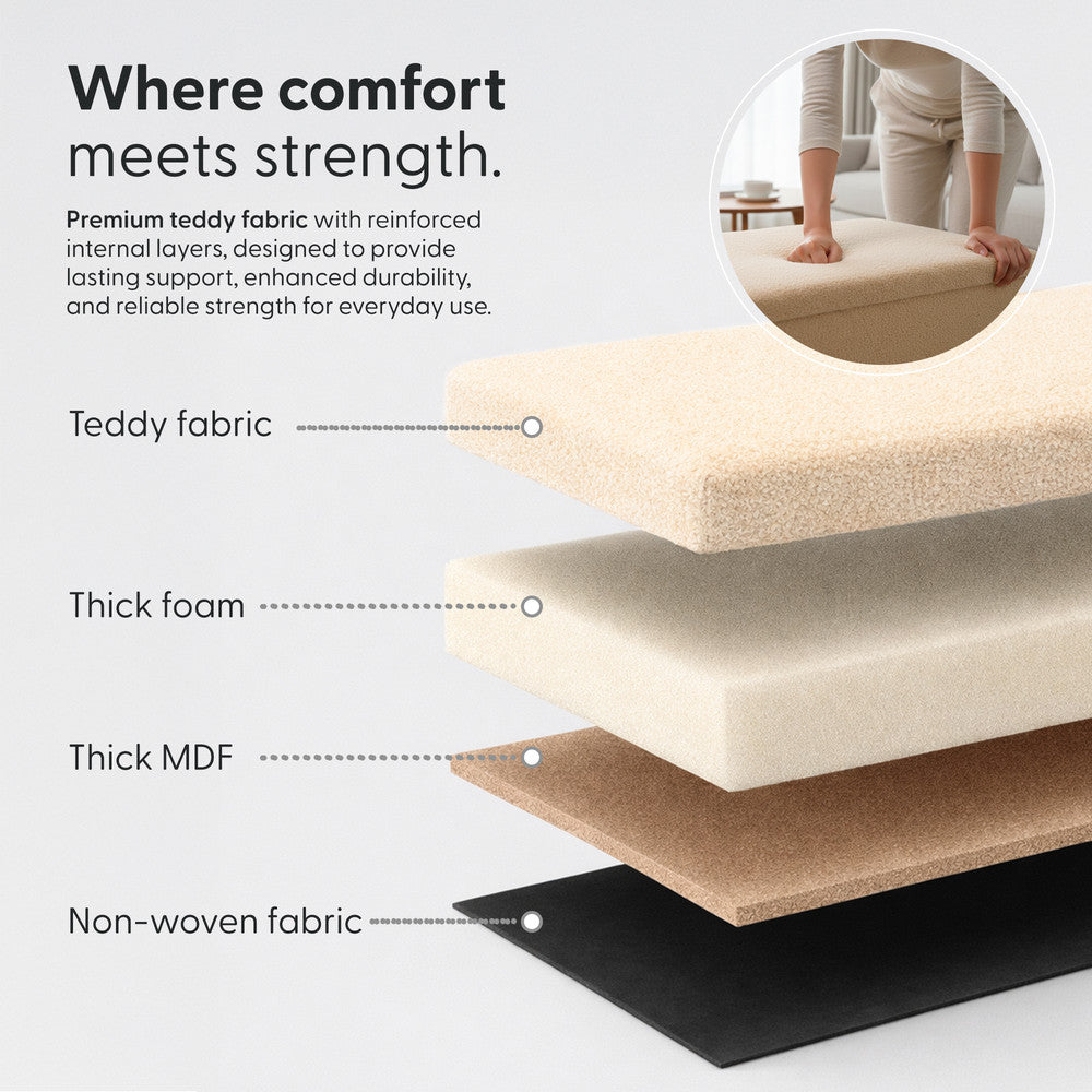 KEPLIN Storage Ottoman Bench 76×38×38 cm – Large 90 L Hidden Storage, Rapid Fold‐Flat Design, 150kg Load Capacity, Tufted Teddy Fabric Finish – Ideal for Hallway, Bedroom, Living Room