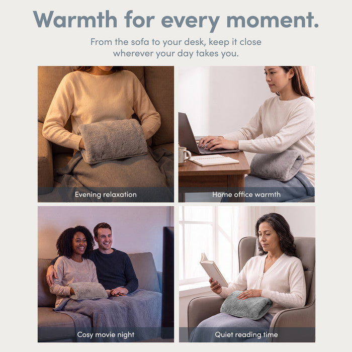 Grey rechargeable hot water bottle used on the sofa, at a desk and while reading