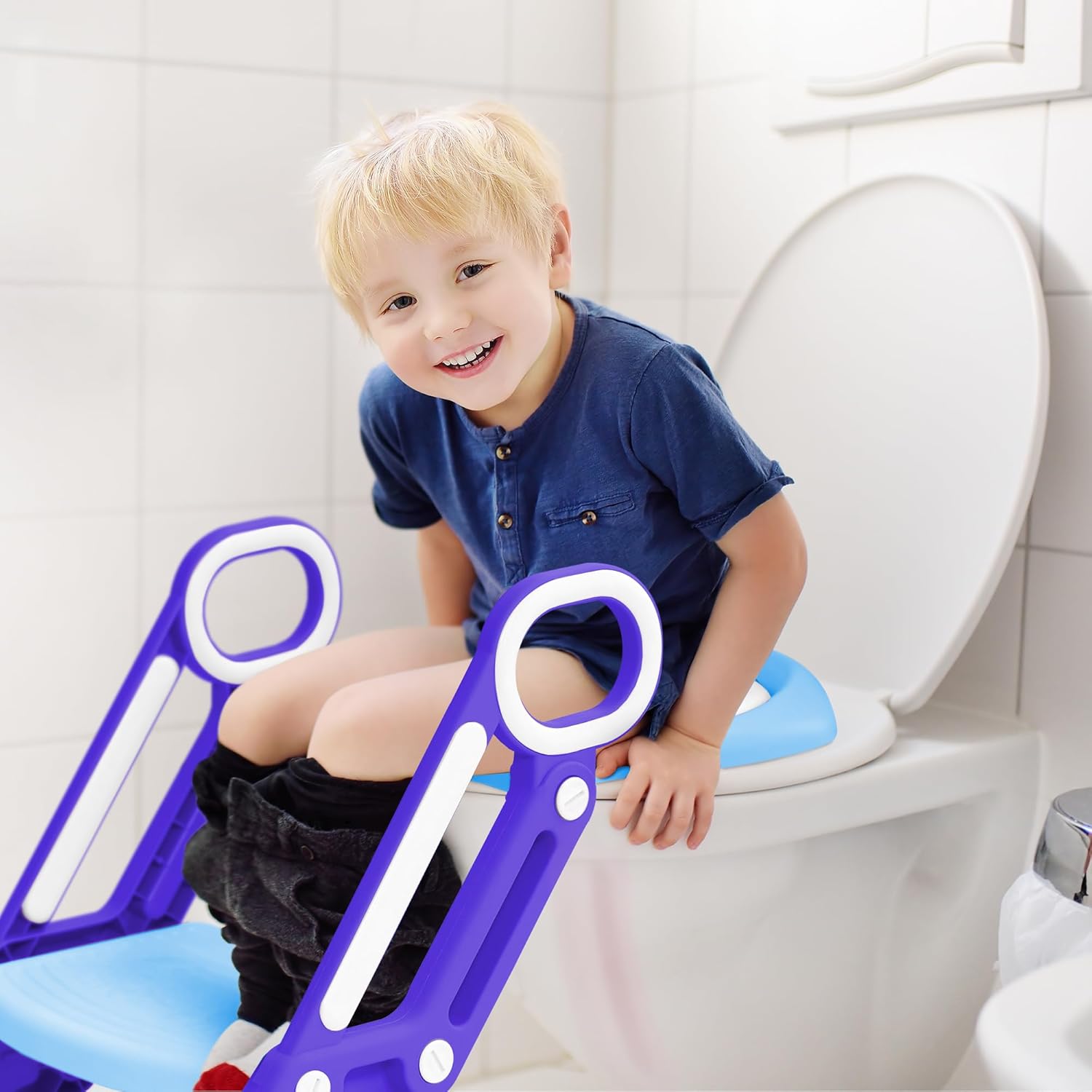 Keplin Adjustable Kids Potty Training Seat with Step Stool – Soft Padded, Universal Fit for V/U/O-Shaped Toilets, Ages 1-14, Easy Assembly & Foldable