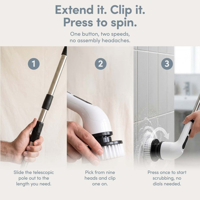 How to use the cordless spin scrubber: extend pole, attach head, press to spin