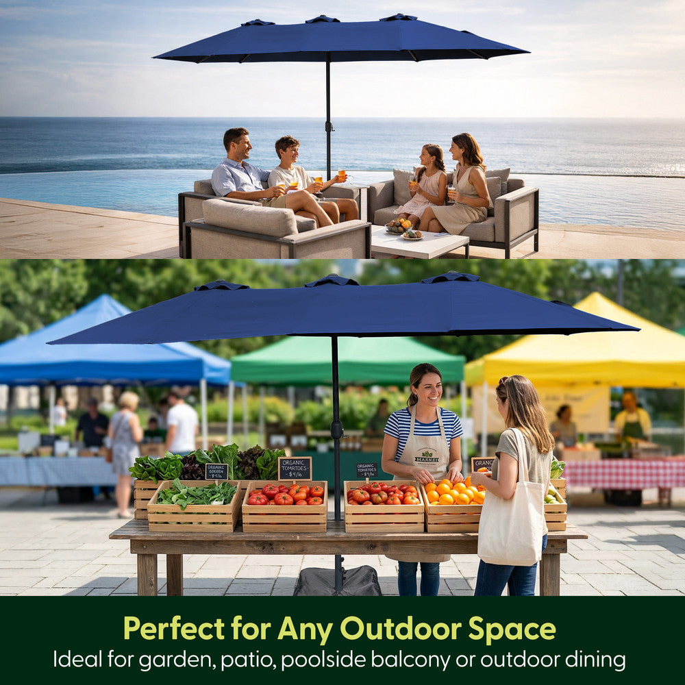 Blue double parasol used over garden seating by the sea and as outdoor market stall shade