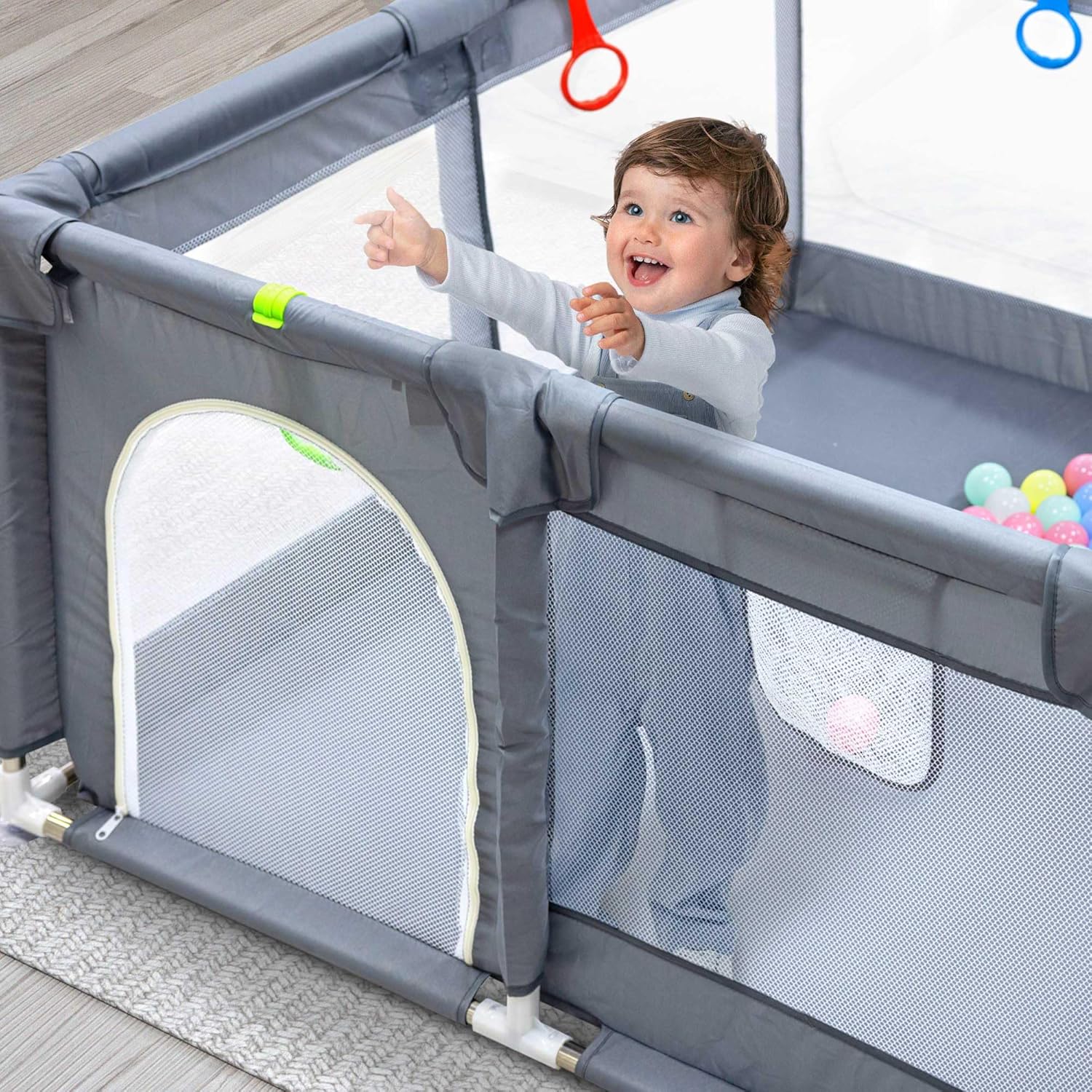 KIDOOLA Extra Large Baby Playpen with Padded Frame & Mesh Walls – Includes Balls & Pull Rings for Indoor & Outdoor Fun – Breathable Mesh Toddler Fence (127x127x65cm)