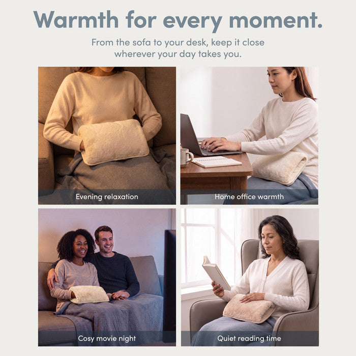 Cream rechargeable hot water bottle used on the sofa, at a desk and while reading