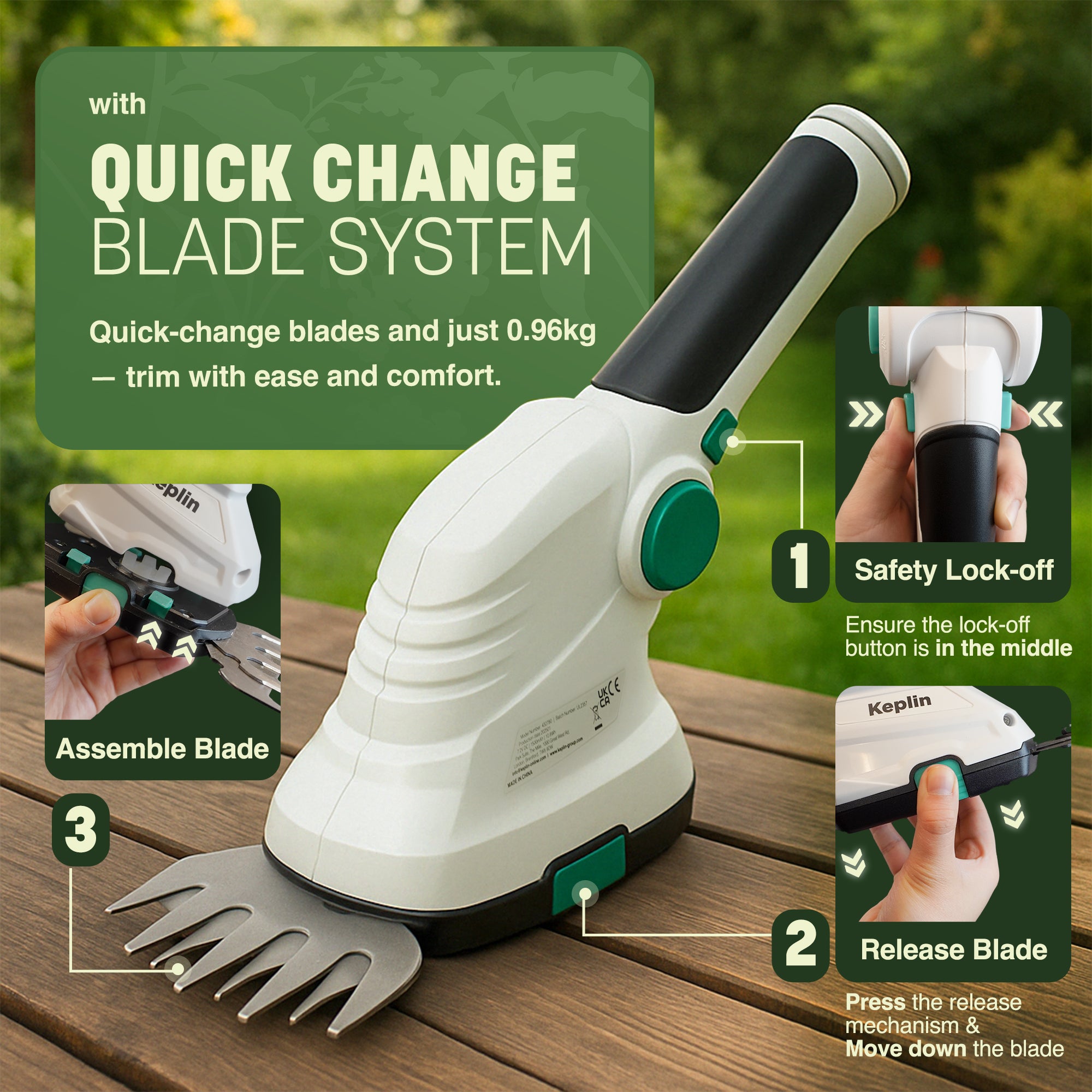 Keplin 2-in-1 Cordless Grass Shear & Hedge Trimmer – 7.2V Rechargeable 1500mAh Battery, Lightweight Handheld Garden Edging & Shrub Cutter with 2 Interchangeable Blades for Precise Trimming