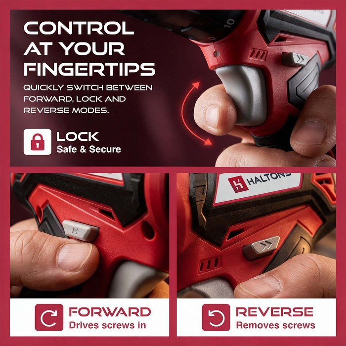 Haltons cordless screwdriver forward, reverse and lock switch for driving and removing screws