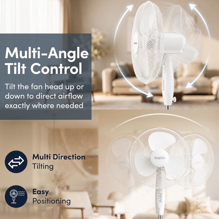 16 inch white pedestal fan tilt head adjustment showing upward and downward airflow direction control
