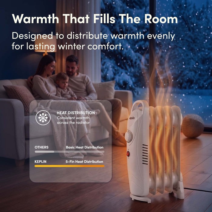 White oil radiator glowing fins warming living room on a winter evening