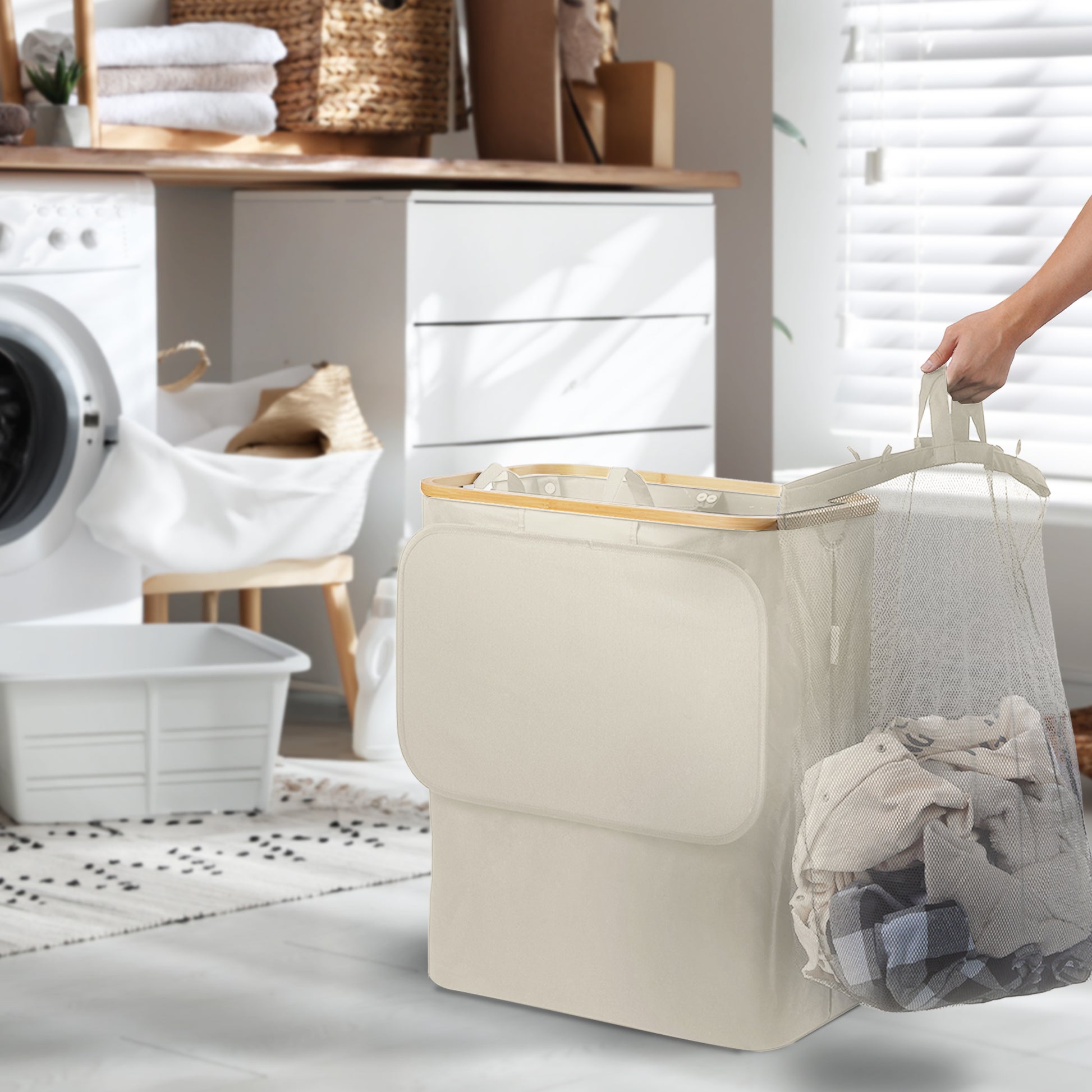 145L Laundry Basket - Handles, Machine Washable Removable Liner Bags