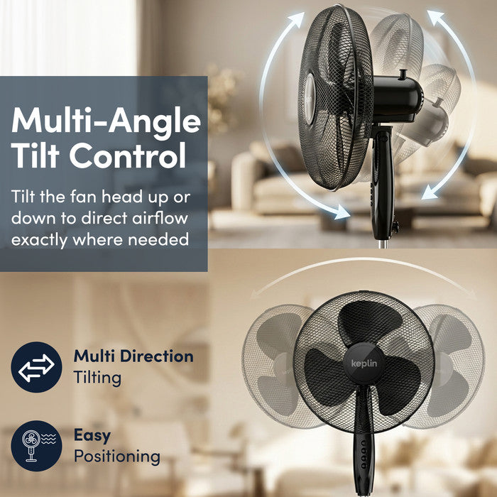16 inch pedestal fan tilt head adjustment showing upward and downward airflow direction control