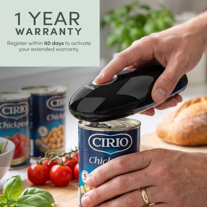 Keplin electric can opener on a tin of Cirio chickpeas with 1 year warranty registration callout