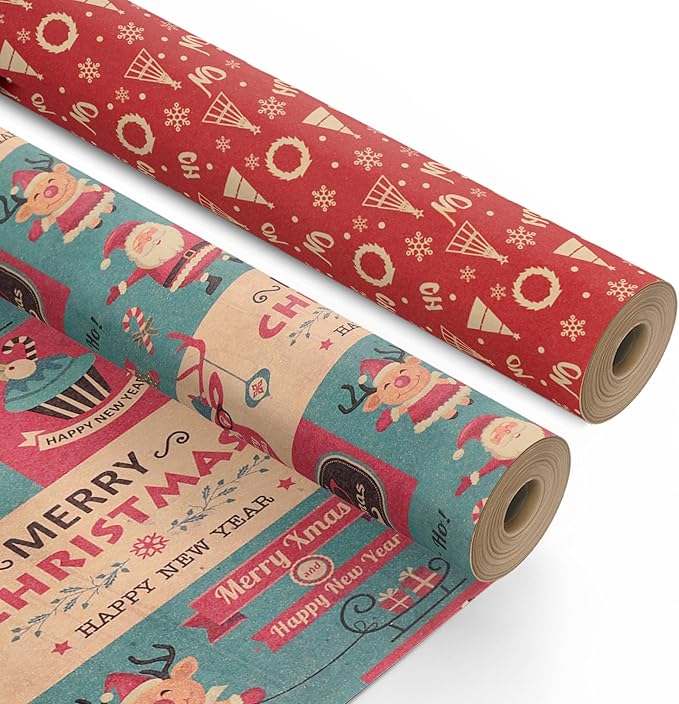 Kraft & Co 2 Pack Christmas Wrapping Paper Roll - Festive Designed Recyclable Kraft Paper, Perfect for Holiday Gifts, Arts & Crafts-Wrapping for a Merry Christmas (44.5cm x 25m)