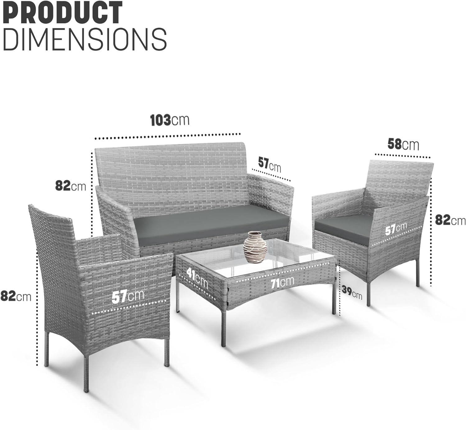 4-Piece Rattan Garden Furniture Set in Grey - Outdoor Lounger Sofa, Stackable Chairs & Bistro Table