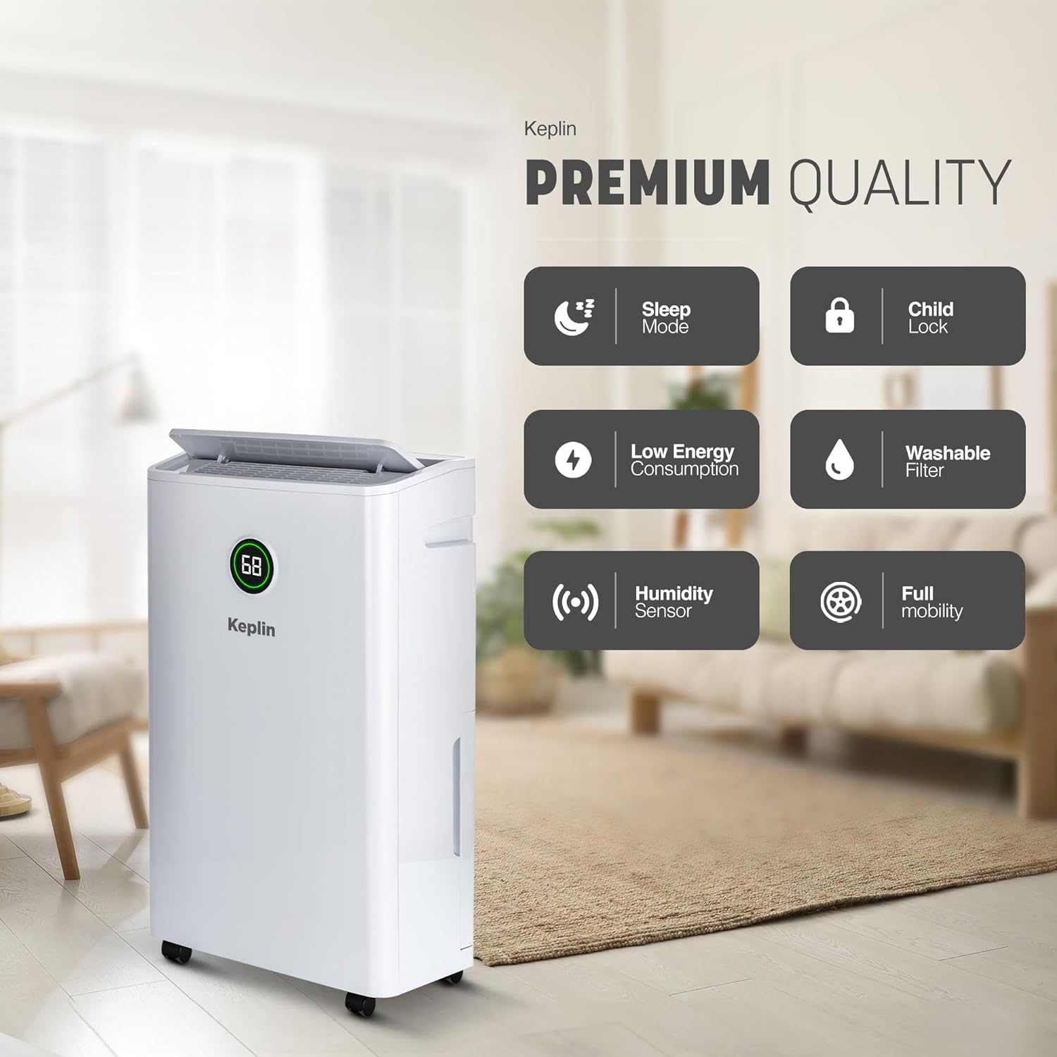 Keplin 20L Dehumidifier with Air Clean, Sleep & Laundry Mode - 24 Hour Timer & Digital Display for Home, Bedroom, Bathroom, Garage & Basement - Eliminates Mould & Condensation - 440W (1 Year Warranty)