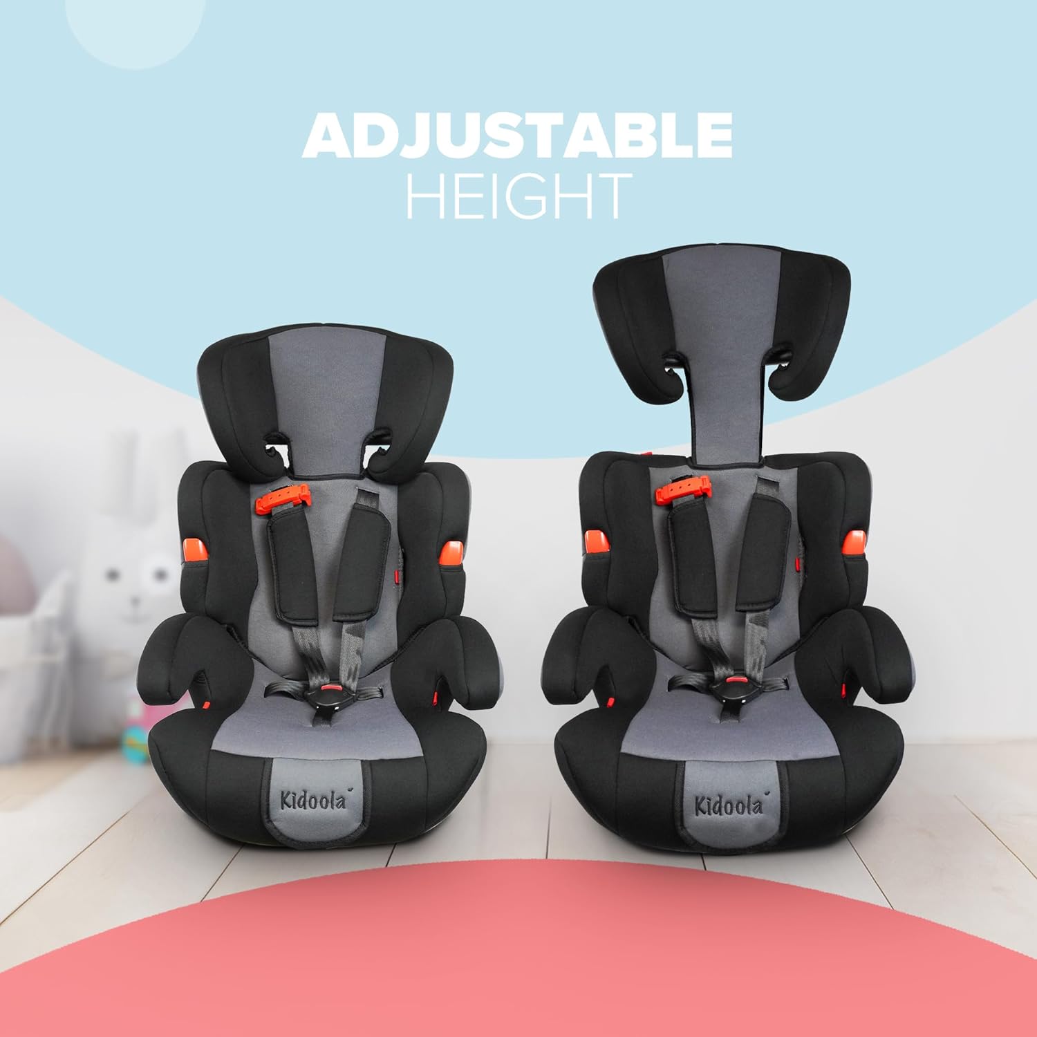 Kidoola Adjustable Car Seat for Toddlers & Children – Safety Certified Booster Seat, Comfortable Padding, 3 Age Functions, ECE R44/04 Certified, Up to 12 Years