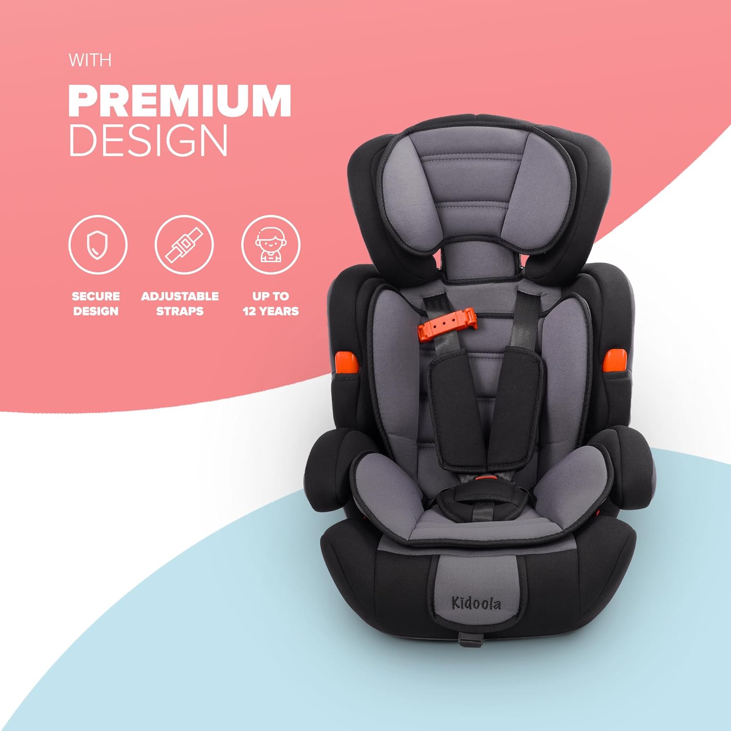 Kidoola Adjustable Car Seat for Toddlers & Children – Safety Certified Booster Seat, Comfortable Padding, 3 Age Functions, ECE R44/04 Certified, Up to 12 Years