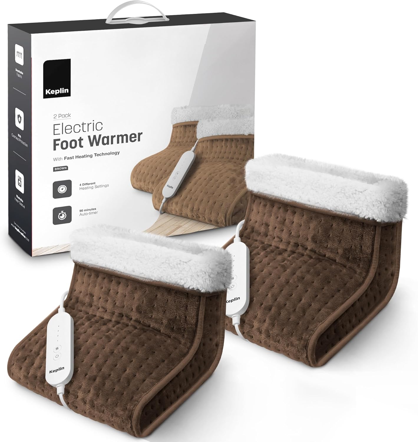 KEPLIN Electric Foot Warmer, 2 Pack - 4 Adjustable Temperature Settings, 90-Min Auto Shut-Off Timer, Overheat & Overcurrent Protection, Soft Fleece Lining, Washable Inner Sleeves (32x28x26cm)