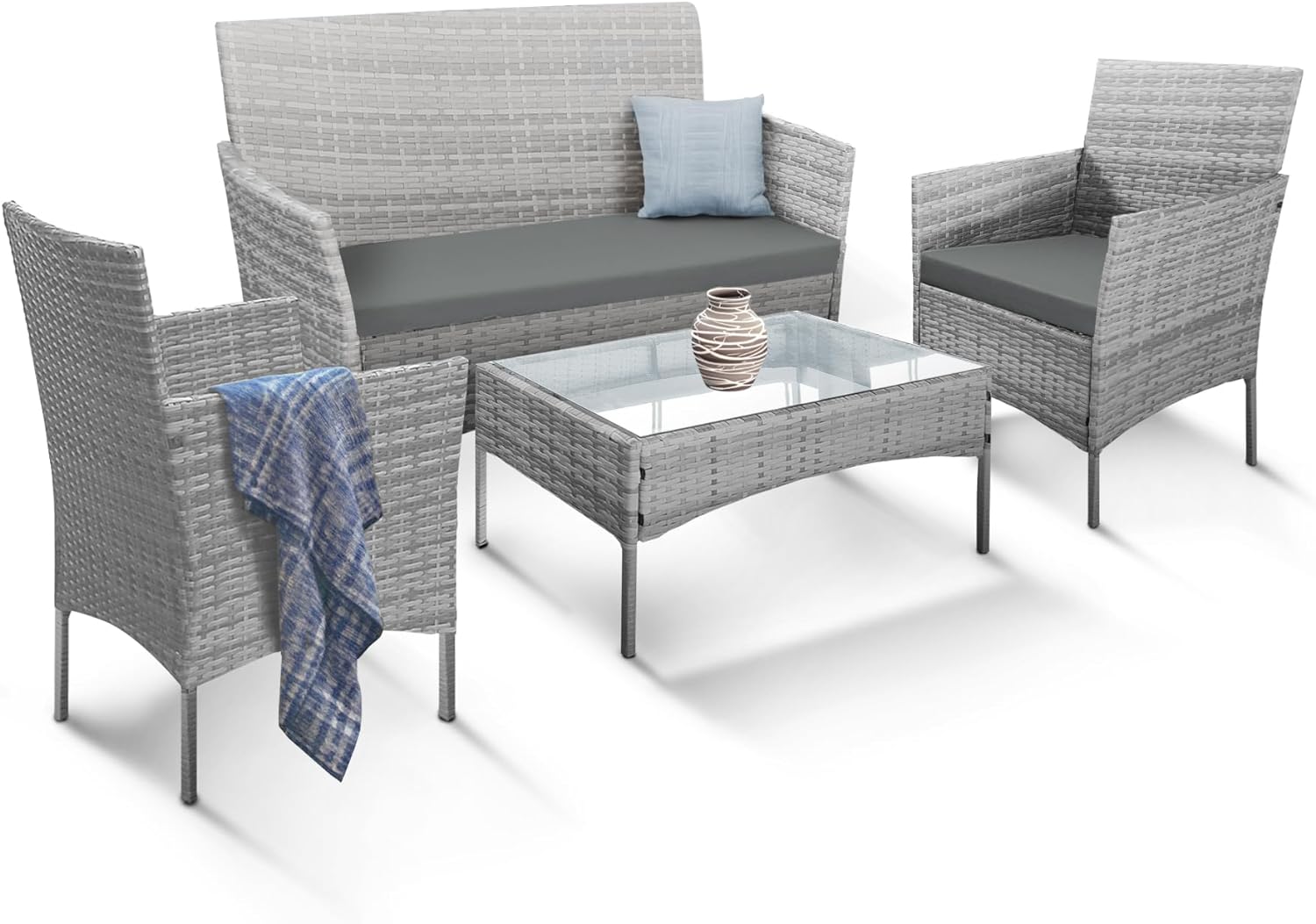 4-Piece Rattan Garden Furniture Set in Grey - Outdoor Lounger Sofa, Stackable Chairs & Bistro Table