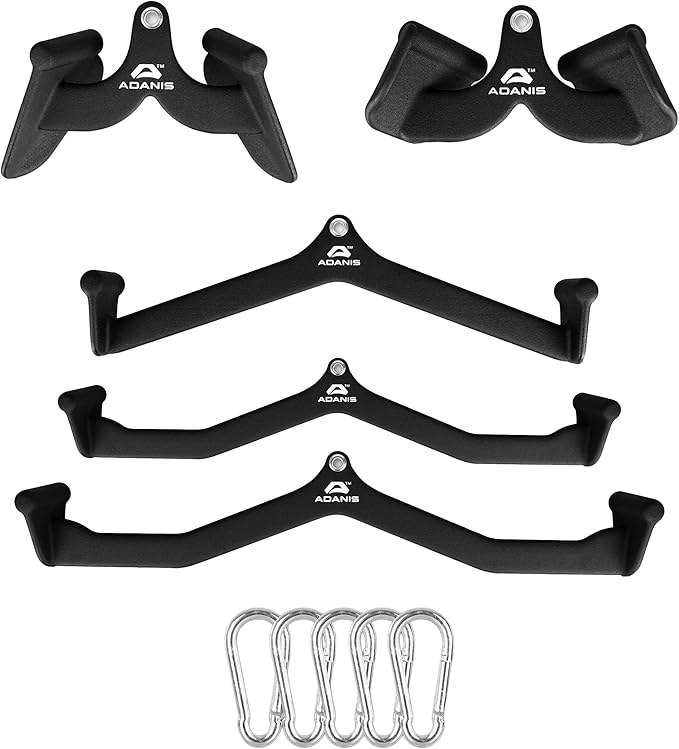 Adanis Gym Cable Machine Attachment Set for Home and Commercial Gyms, Multi Grip Lat Pulldown and Row Handles with Ergonomic Non Slip Design, Heavy Duty Build with Carabiners for Back and Arm Training