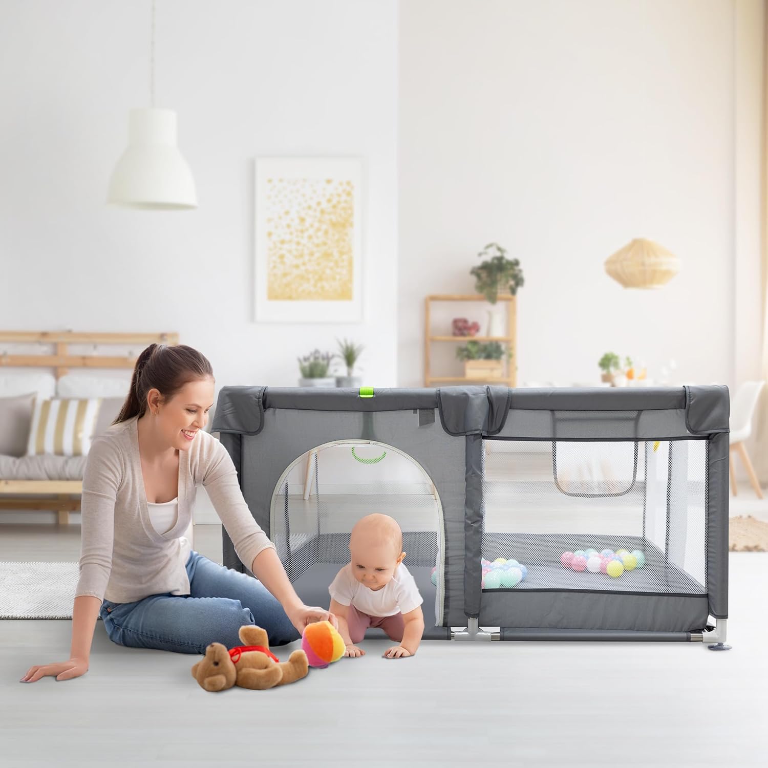 KIDOOLA Extra Large Baby Playpen with Padded Frame & Mesh Walls – Includes Balls & Pull Rings for Indoor & Outdoor Fun – Breathable Mesh Toddler Fence (127x127x65cm)