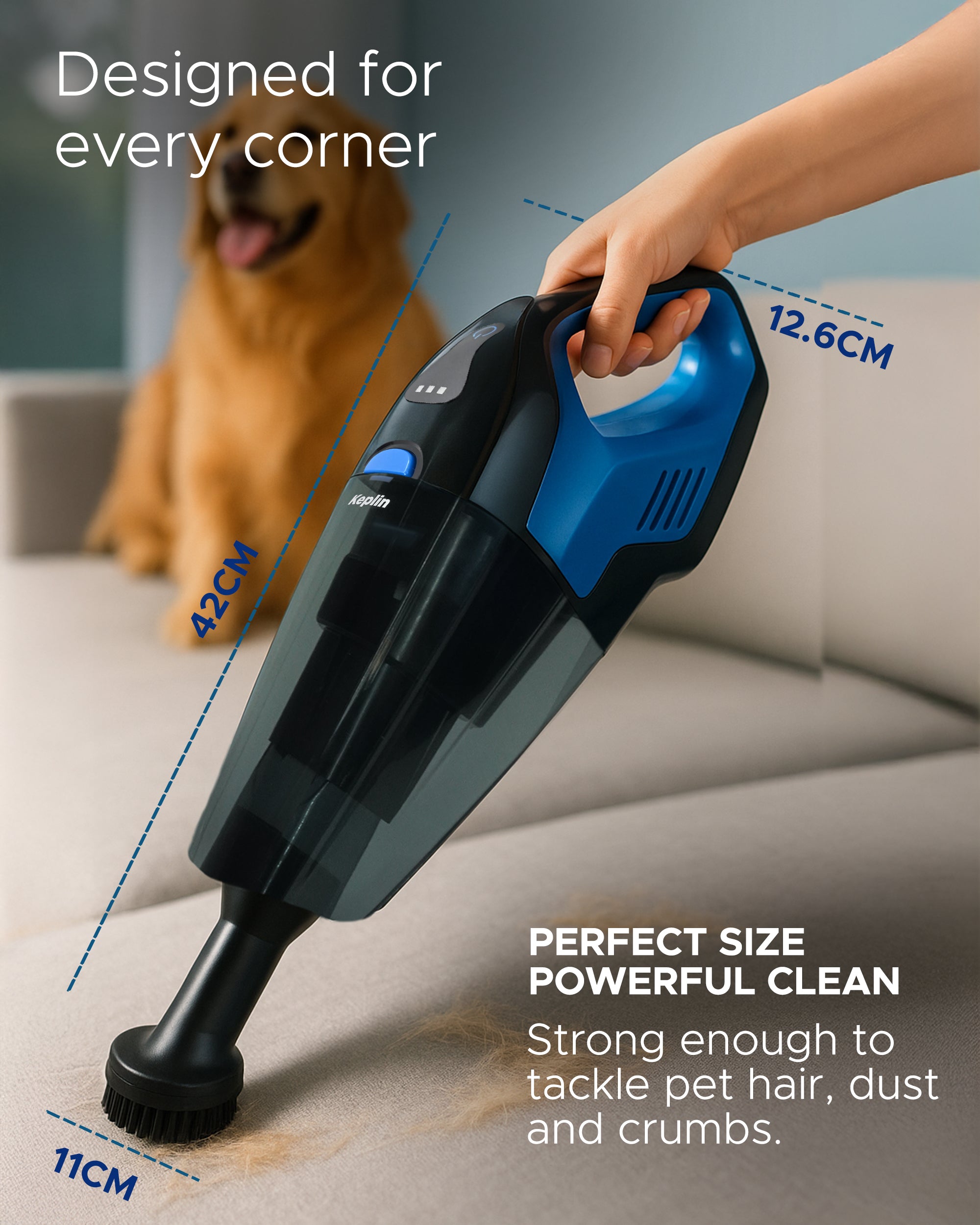 KEPLIN Cordless Handheld Vacuum Cleaner – Wet & Dry Use – 25–30 Min Runtime – 3 LED Lights – Wall Mount – 0.5L Dust Bin – Portable Mini Vacuum for Car, Home & Pet Hair – 7.4V 50W Power
