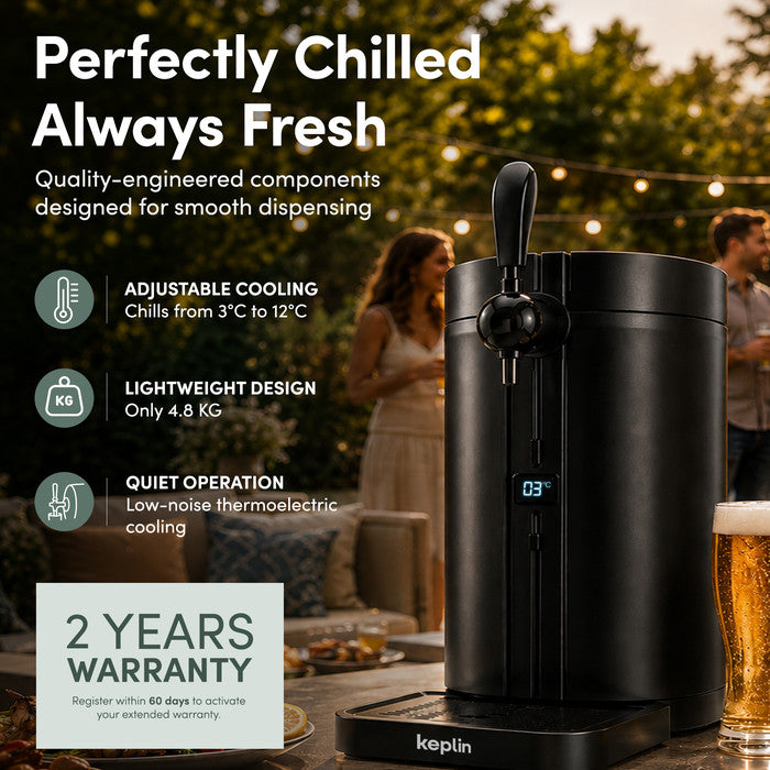 Keplin beer keg dispenser outdoors showing adjustable cooling from 3°C to 12°C, lightweight 4.8kg build, quiet thermoelectric operation and 2-year warranty