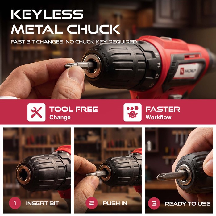 Haltons 12V drill 10mm keyless metal chuck for fast, tool-free bit changes in three steps
