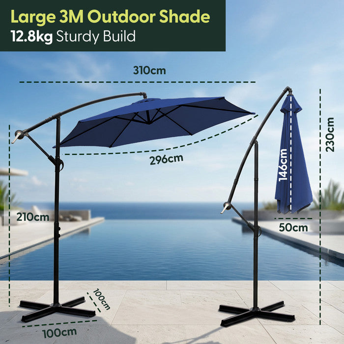 3m navy blue cantilever garden parasol dimensions – 310cm wide canopy, 210cm pole height, 100x100cm cross base, 12.8kg sturdy build