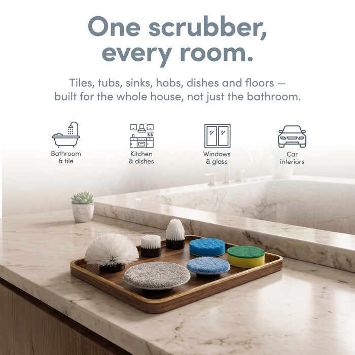 Cordless electric spin scrubber cleaning bathroom, kitchen, windows and car interior