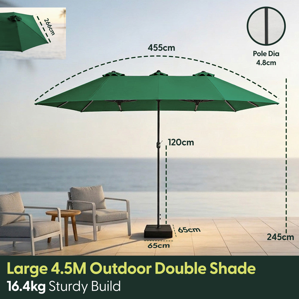 Double garden parasol dimensions – 455cm wide, 245cm tall, 65x65cm base, 16.4kg