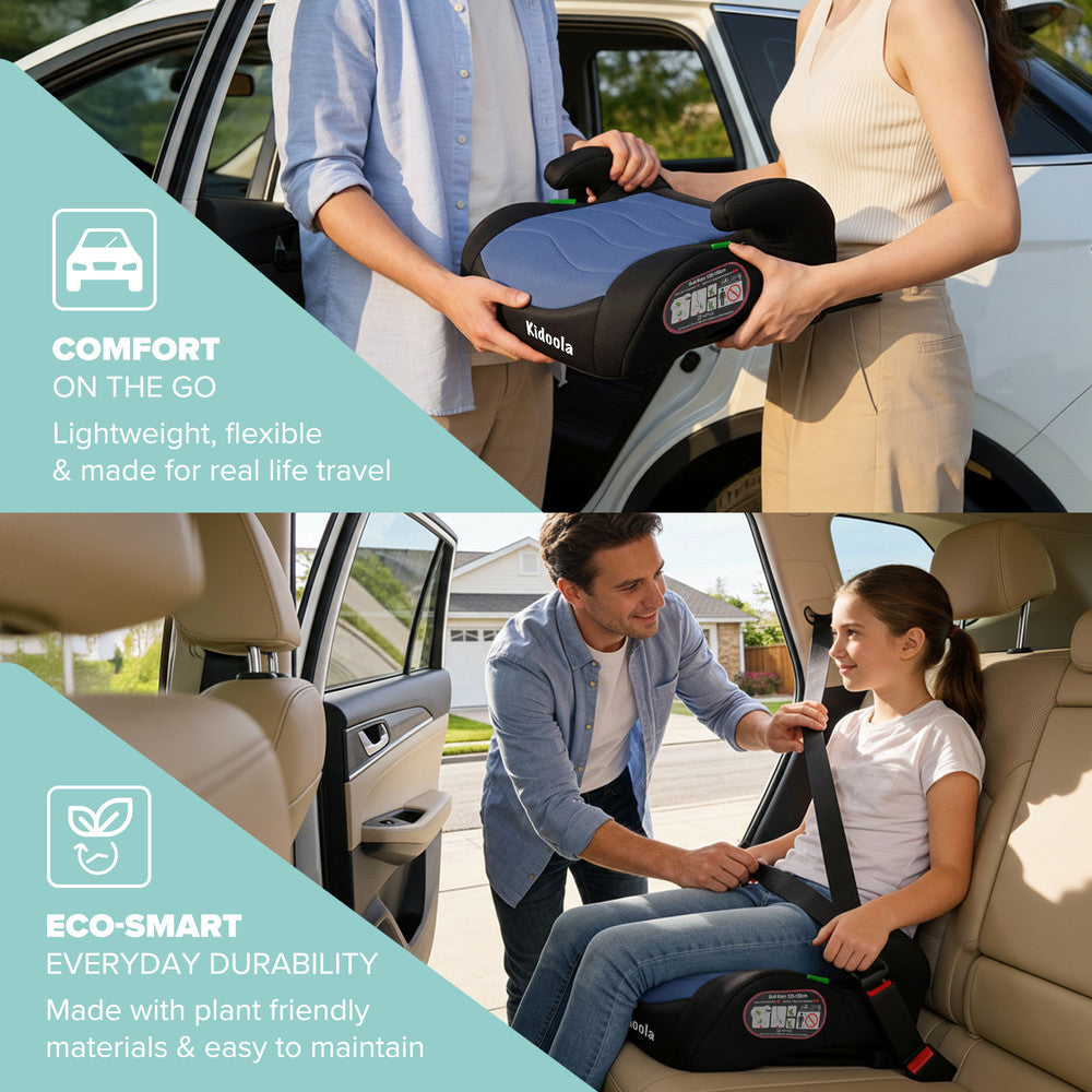 Blue ISOFIX booster seat in vehicle – forward-facing child car seat for older children