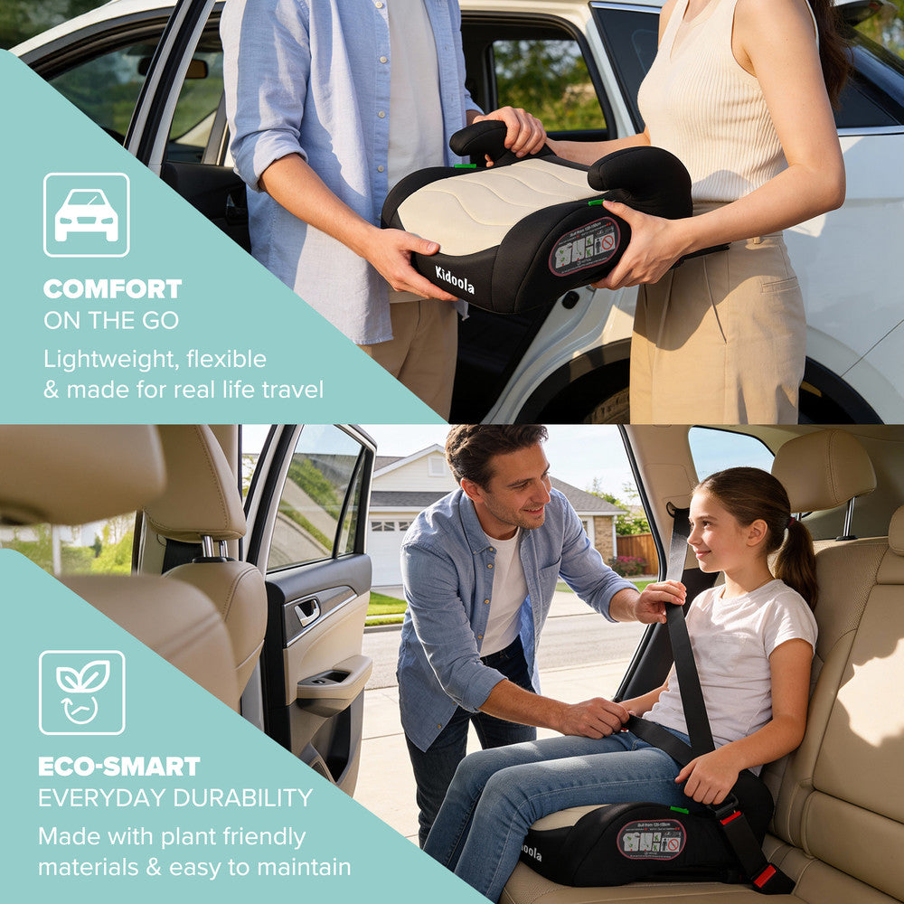 Cream grey ISOFIX booster seat packaging – R129 backless child car seat for children 125–150cm