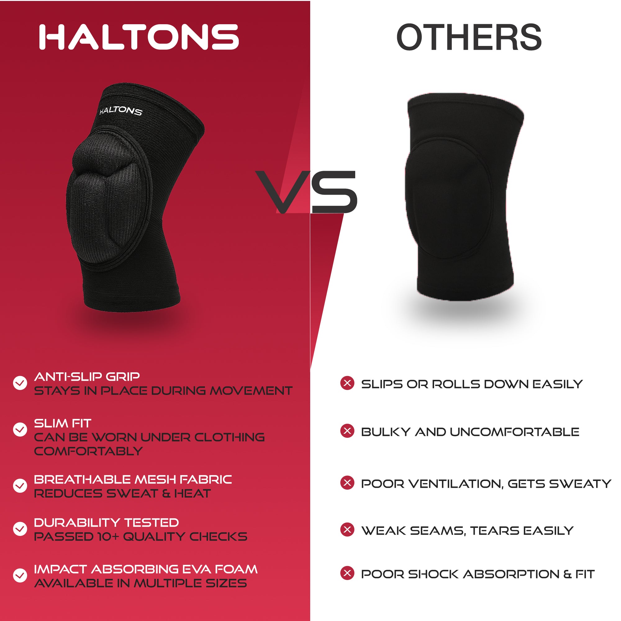 Haltons - 2 Pack Knee Pads Black, EVA Foam Padding - Lightweight & Breathable - Slim Fit for Sports, Work & DIY - Anti-Slip Grip - Flexible Nylon/Spandex