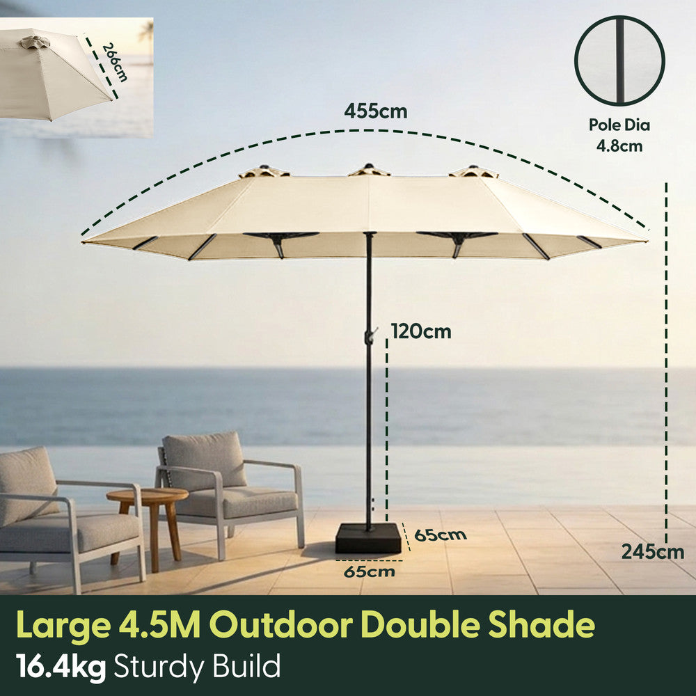Double garden parasol dimensions – 455cm wide, 245cm tall, 65x65cm base, 16.4kg
