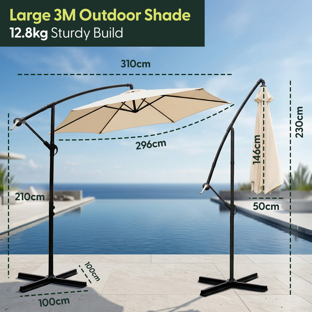 3m cream cantilever garden parasol dimensions – 310cm wide canopy, 296cm reach, 210cm pole height, 100x100cm cross base, 12.8kg