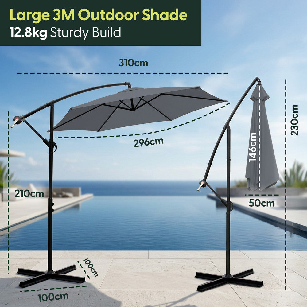 3m grey cantilever garden parasol dimensions – 310cm wide canopy, 296cm reach, 210cm pole height, 100x100cm cross base, 12.8kg