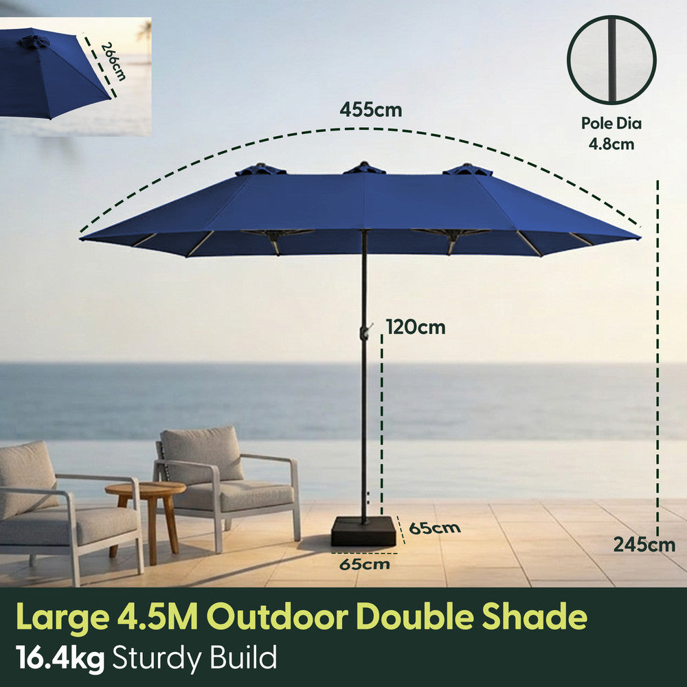 Double garden parasol dimensions – 455cm wide, 245cm tall, 65x65cm base, 16.4kg