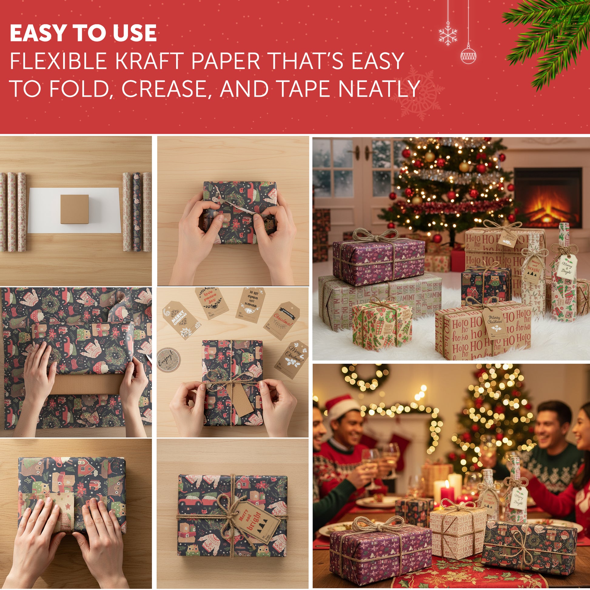 Kraft & Co - Christmas Wrapping Paper 12 Sheets - Kraft Gift Wrap Sheets 50 x 70cm, 6 Festive Holiday Designs with Tags & Twine – image 9